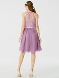 A-Line / Princess Halter Neck Knee Length Chiffon / Corded Lace Bridesmaid Dress with Sash / Ribbon / Pleats