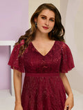 Plus Size Curve Mother of the Bride Dress Wedding Guest Elegant Sparkle & Shine V Neck Floor Length Chiffon Lace Sequined Short Sleeve with Pleats Split Front