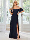 A-Line Wedding Guest Dresses Elegant Dress Formal Floor Length Short Sleeve Off Shoulder Stretch Fabric with Slit Pure Color