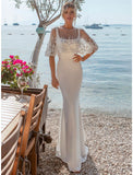 Beach Open Back Casual Wedding Dresses Sweep / Brush Train Mermaid / Trumpet Sleeveless Square Neck Satin With Buttons Beading