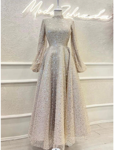 A-Line Evening Gown Elegant Dress Formal Ankle Length Long Sleeve High ...