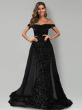 Mermaid / Trumpet Evening Gown Black Dress Formal Sweep / Brush Train Sleeveless Off Shoulder Tulle with Sequin