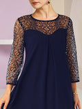 A-Line Mother of the Bride Dress Formal Wedding Guest Elegant Scoop Neck Knee Length Lace 3/4 Length Sleeve with Sequin