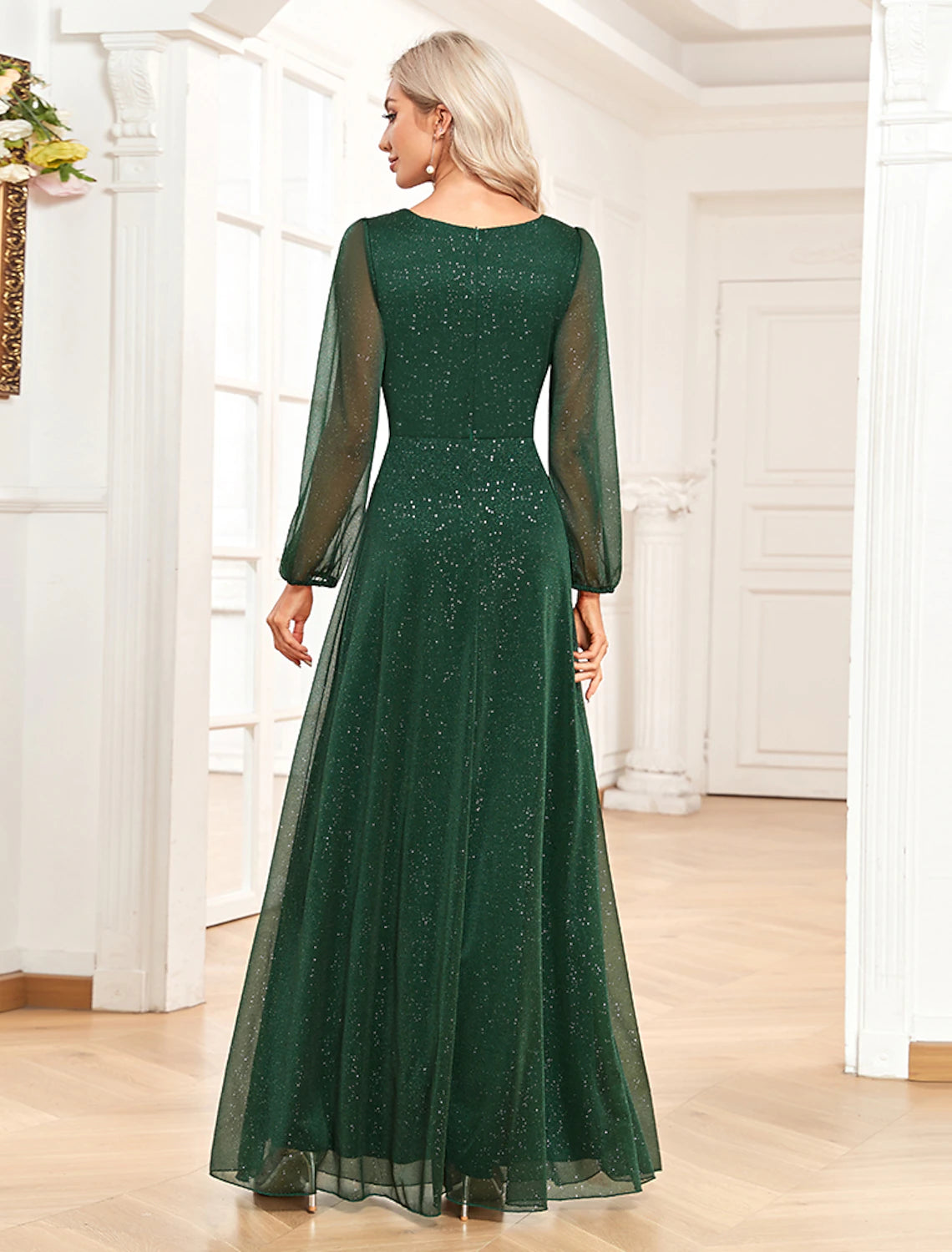 A-Line Evening Gown Elegant Dress Formal Floor Length Long Sleeve V Neck Chiffon with Sequin