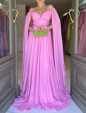 A-Line Evening Gown Elegant Dress Formal Wedding Party Sweep / Brush Train Sleeveless Off Shoulder Capes Chiffon with Pleats