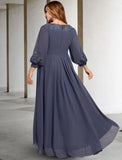 A-Line Mother of the Bride Dresses Plus Size Hide Belly Curve Elegant Dress Formal Asymmetrical 3/4 Length Sleeve Jewel Neck Chiffon with Pleats Appliques