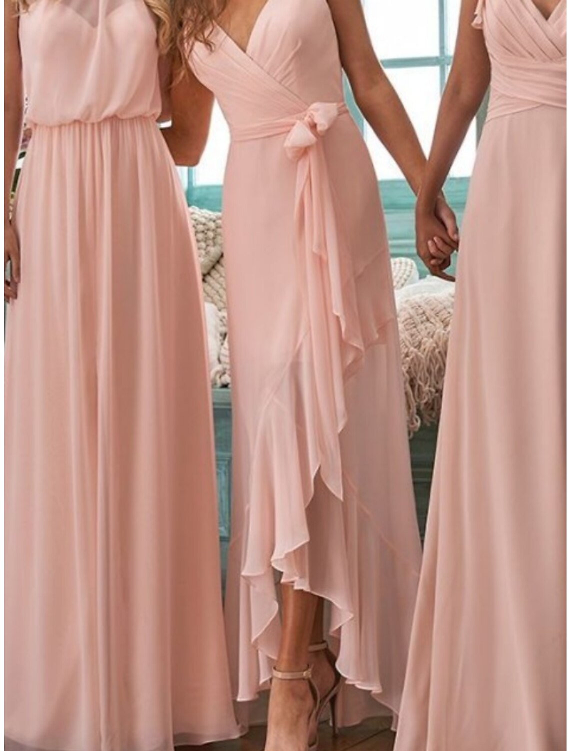 A Line Bridesmaid Dress Halter Neck V Neck Sleeveless Elegant Floor