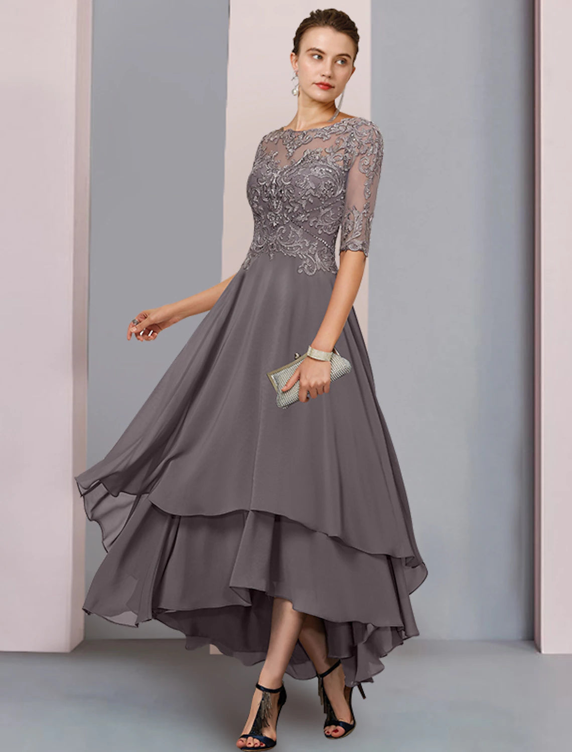 A-Line Mother of the Bride Dress Formal Wedding Guest Elegant Scoop Neck Asymmetrical Tea Length Chiffon Lace 3/4 Length Sleeve with Beading Tier Appliques