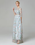 A-Line Evening Gown Floral Dress Holiday Wedding Guest Floor Length 3/4 Length Sleeve Illusion Neck Lace with Embroidery