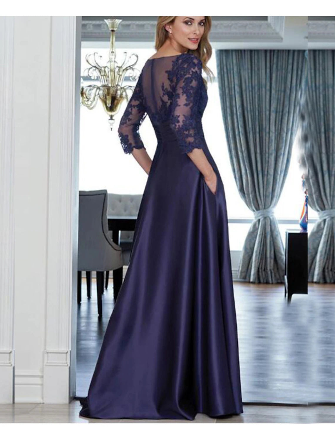 A Line Square Neck Blush Beading Long Mother of Bride Dress