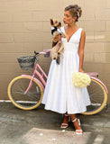 Little White Dresses Wedding Dresses A-Line V Neck Sleeveless Tea Length Satin Bridal Gowns With Ruched Solid Color