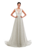 A-Line Evening Gown Vintage Dress Prom Court Train Sleeveless Illusion Neck Sequined with Sequin