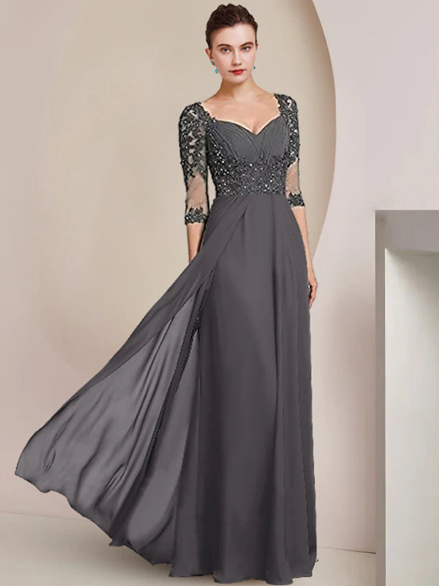 AABEI DRESS Wedding Guest Dress Exquisite A-Line Crew Neck Half Sleeve Appliques Ruching Floor Length Elegant Mother of the Bride Dress main image 0