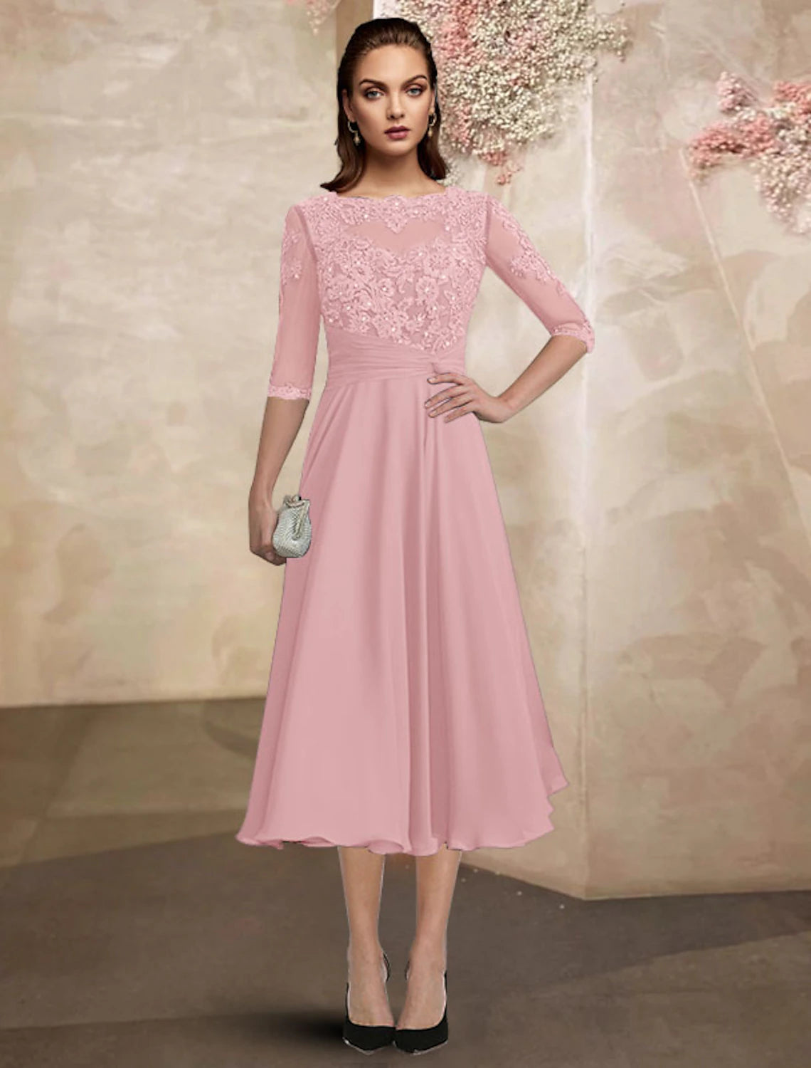 A-Line Mother of the Bride Dress Wedding Guest Plus Size Elegant Jewel Neck Tea Length Chiffon Lace Half Sleeve with Ruched Beading Appliques Fall