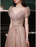 A-Line Prom Party Dress Sparkle & Shine Dress Prom Valentine‘s Day Floor Length Short Sleeve V Neck Tulle with Sequin