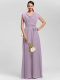 Sheath / Column Bridesmaid Dress Cowl Neck Short Sleeve Elegant Floor Length Chiffon with Sash / Ribbon / Draping