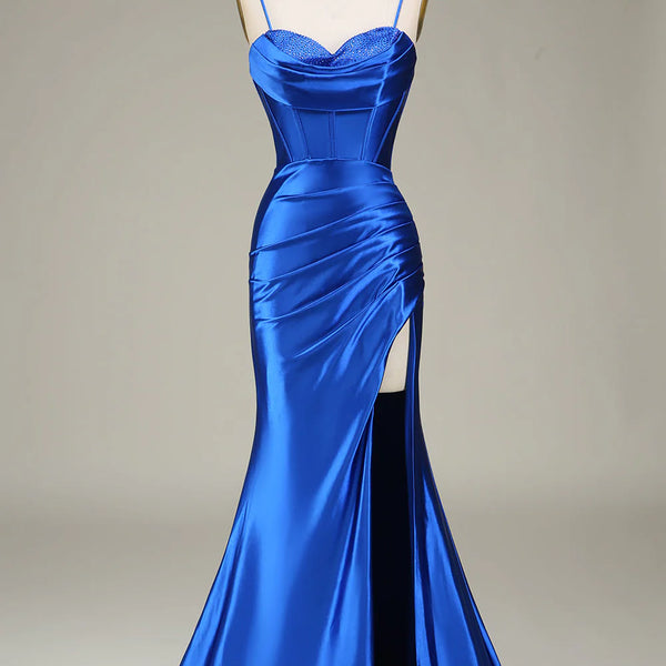 Spaghetti Straps Long Mermaid Prom Dress Sleeveless Blue Evening Dress PD1105