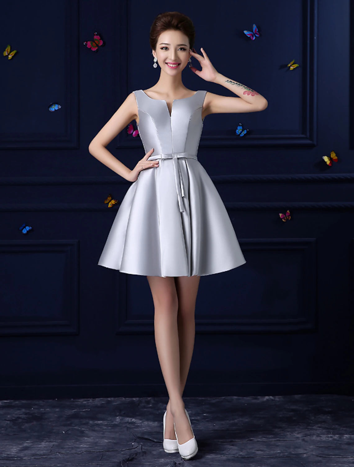 A-Line Cocktail Dresses Minimalist Dress Homecoming Short / Mini Sleeveless Jewel Neck Satin with Sash / Ribbon Bow(s)