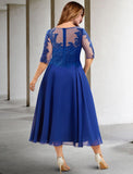 A-Line Mother of the Bride Dresses Plus Size Hide Belly Curve Elegant Dress Formal Tea Length Half Sleeve Jewel Neck Chiffon with Pleats Sequin Appliques Fall
