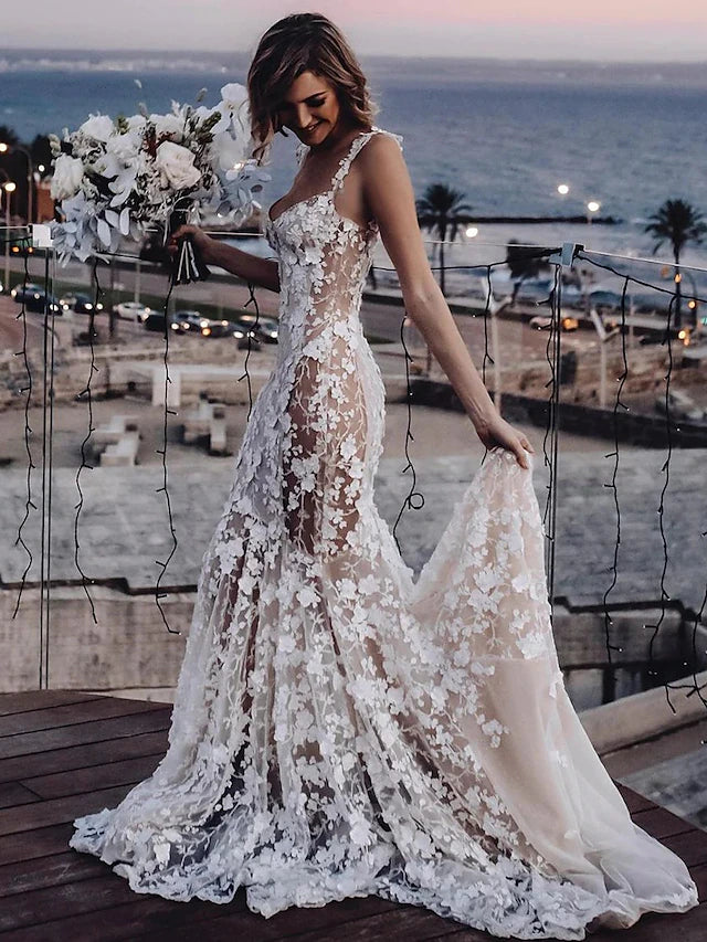 Beach Sexy Boho Wedding Dresses Court Train Mermaid Trumpet Sleevele BL Dress