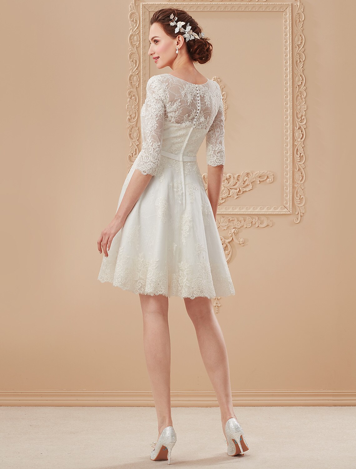 Little White Dresses Wedding Dresses Knee Length A-Line Half Sleeve V Neck Lace With Bowknot Sash / Ribbon