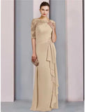 Sheath / Column Mother of the Bride Dress Wedding Guest Elegant Scoop Neck Floor Length Chiffon Half Sleeve with Lace Ruffles Ruching