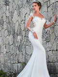 Engagement Open Back Formal Wedding Dresses Court Train Mermaid / Trumpet Long Sleeve Illusion Neck Crepe With Appliques