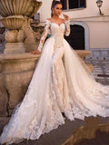 Engagement Formal Wedding Dresses Court Train Two Piece Long Sleeve Sweetheart Lace With Appliques