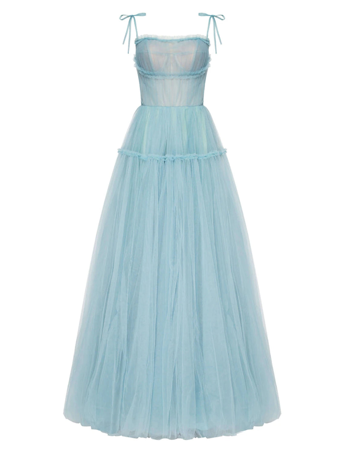 A-Line Prom Dresses Elegant Dress Wedding Guest Floor Length Sleeveless Spaghetti Strap Tulle with Pleats Ruffles