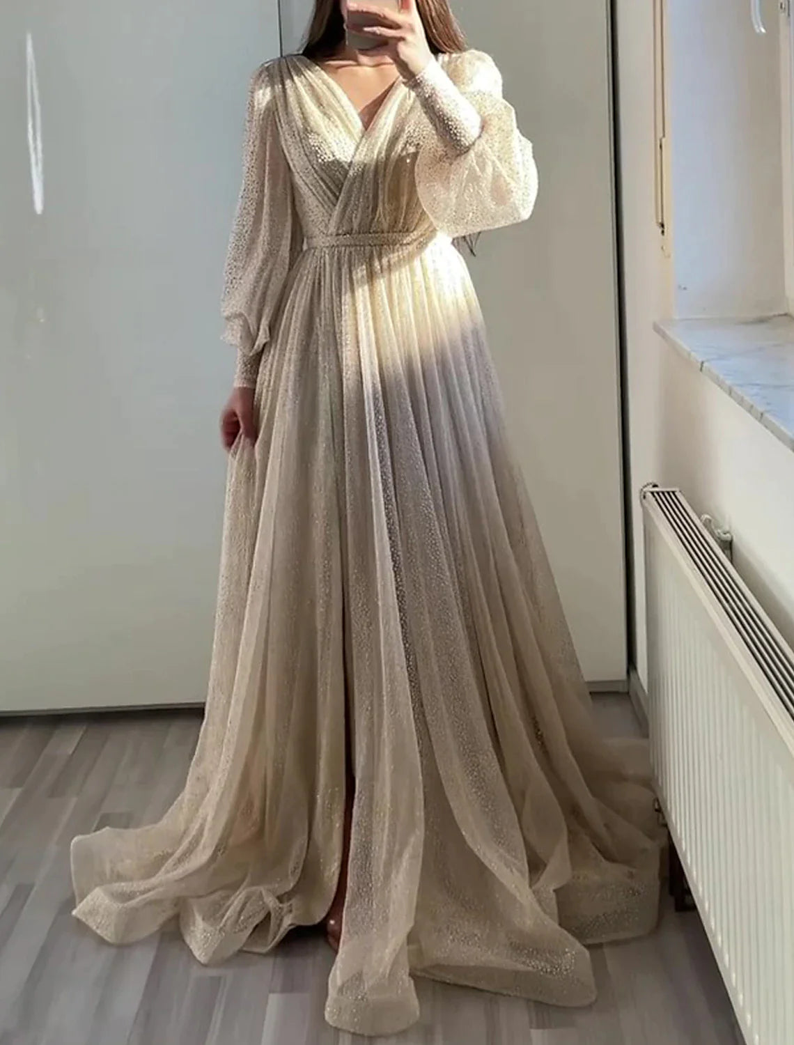 A-Line Prom Dresses Elegant Dress Formal Black Tie Floor Length Long Sleeve V Neck Fall Wedding Guest Tulle with Ruched