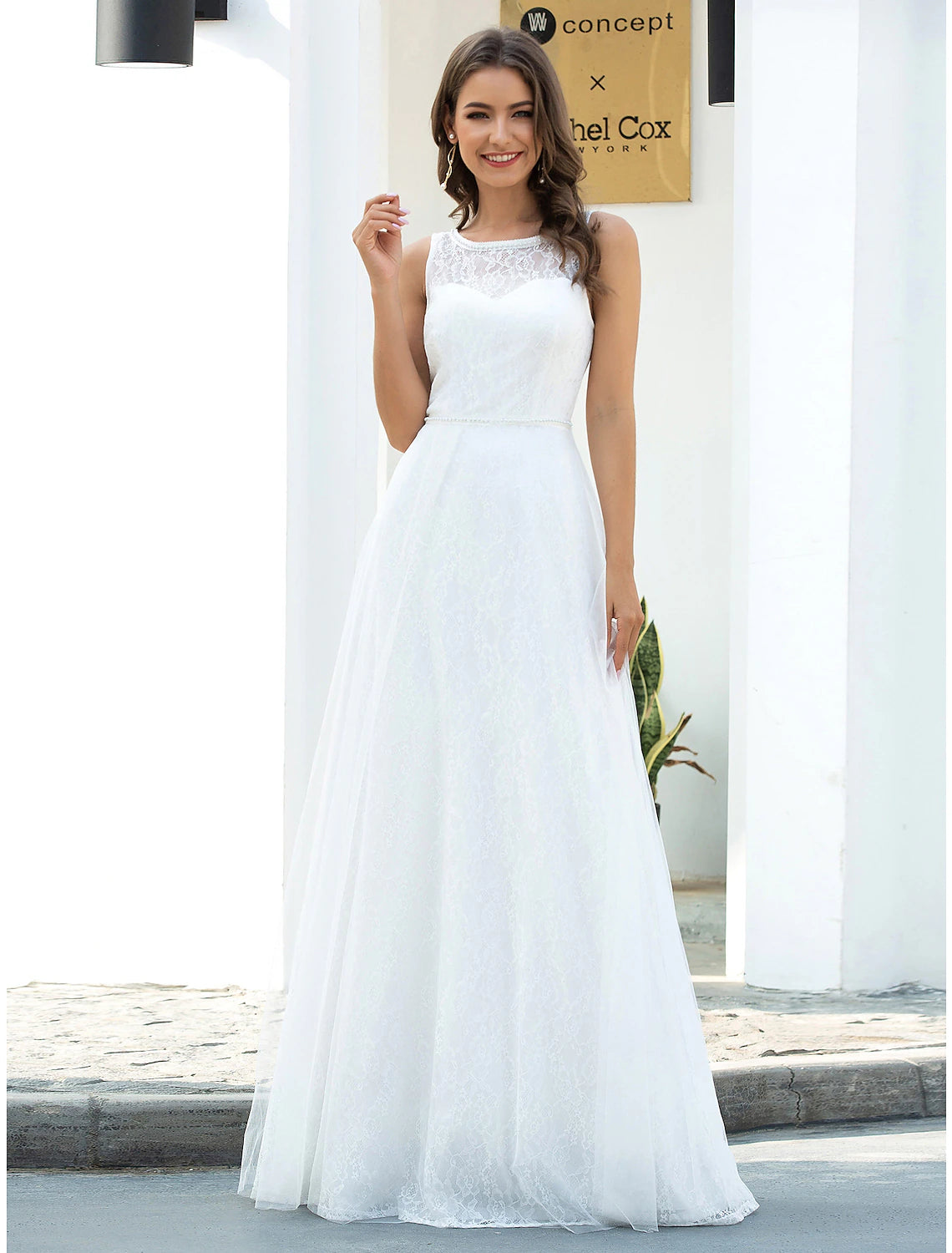 Beach Wedding Dresses Floor Length A-Line Sleeveless Scoop Neck Lace With Lace