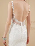 Wedding Dresses Mermaid / Trumpet Sweetheart Spaghetti Strap Chapel Train Satin Bridal Gowns With Buttons Appliques