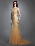 Sheath / Column V Neck Sweep / Brush Train Tulle Made-To-Measure Wedding Dresses with Sequin
