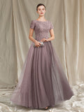 A-Line Mother of the Bride Dress Luxurious Elegant Jewel Neck Floor Length Lace Tulle Short Sleeve with Pleats Appliques