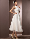 Hall Wedding Dresses A-Line Illusion Neck Sleeveless Tea Length Lace Bridal Gowns With Pearl Beading