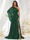 A-Line Wedding Guest Dresses Sparkle & Shine Dress Formal Evening Party Sweep / Brush Train Long Sleeve One Shoulder Polyester with Glitter Slit