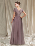 A-Line Mother of the Bride Dress Luxurious Elegant Jewel Neck Floor Length Lace Tulle Short Sleeve with Pleats Appliques