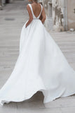 A Line Deep V neck Satin Simple Train Wedding Dress