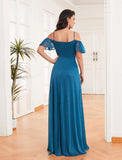 New Off Shoulder A-Line Side Split Sparkle Chiffon Bridesmaid Dress Adjustable Spaghetti Strap Ruffle Plus Size Evening