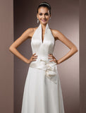 Hall Wedding Dresses Sheath / Column Halter Sleeveless Floor Length Satin Bridal Gowns With Sash / Ribbon