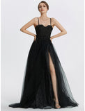 A-Line Prom Dresses Glittering Dress Masquerade photoshoot Floor Length Sleeveless Sweetheart Tulle with Appliques
