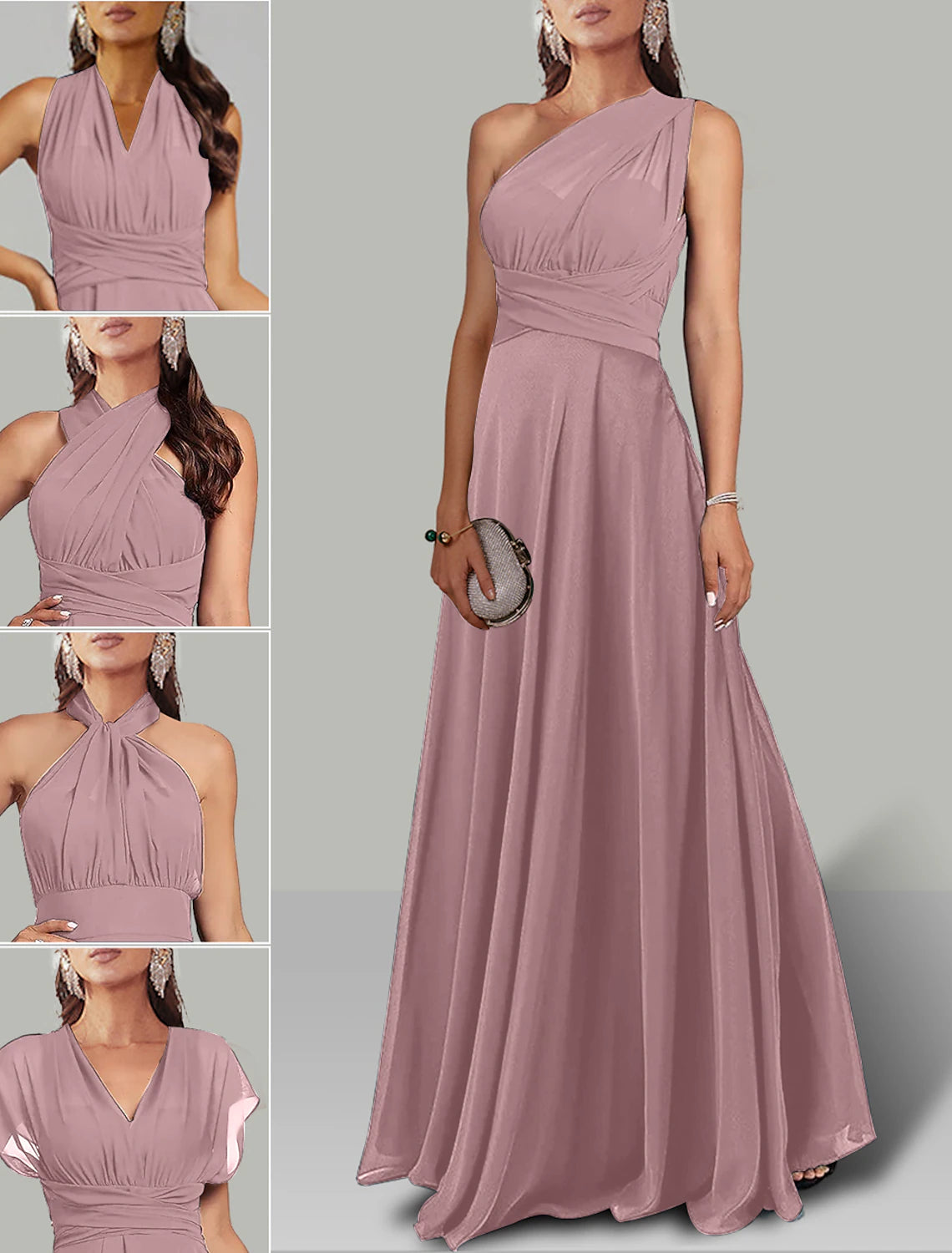 A-Line Wedding Guest Dresses Infinity Dress Wedding Party Floor Length Short Sleeve Halter Neck Convertible Chiffon with Ruched
