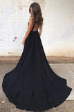 A line Deep V Neck Simple Black Chiffon Backless Long Prom Dress