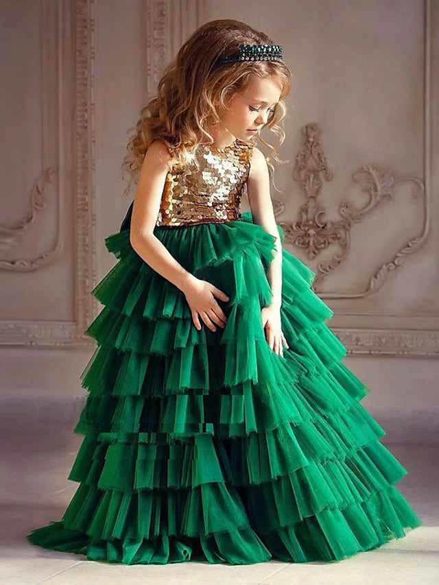 Princess Floor Length Flower Girl Dress Christmas Cute Prom Dress Tulle with Bow(s) Tiered Fit 3-16 Years