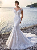 Beach Formal Wedding Dresses Court Train Mermaid / Trumpet Cap Sleeve Scoop Neck Off Shoulder Lace With Appliques