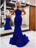 Mermaid / Trumpet Prom Dresses Sparkle & Shine Dress Formal Wedding Guest Floor Length Sleeveless One Shoulder Sequined Backless with Sequin