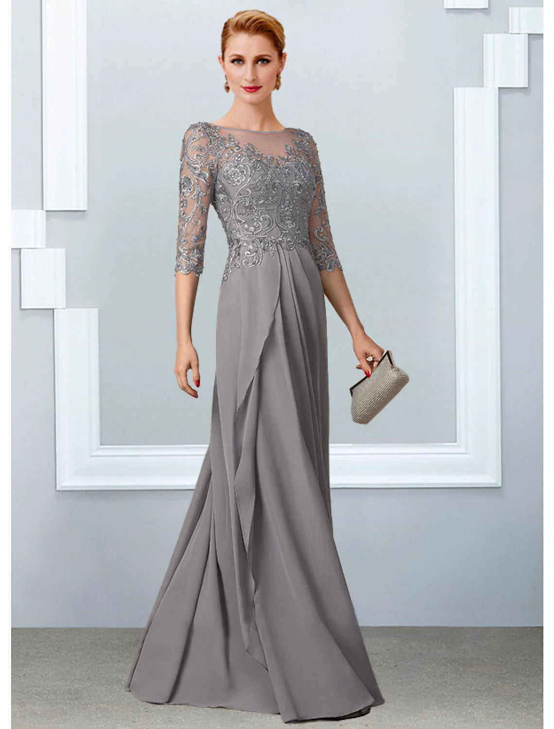 A-Line Mother of the Bride Dress Elegant Jewel Neck Floor Length Chiffon Lace Half Sleeve with Appliques