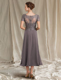 A-Line Mother of the Bride Dress Elegant V Neck Tea Length Chiffon Lace Short Sleeve with Pleats Appliques