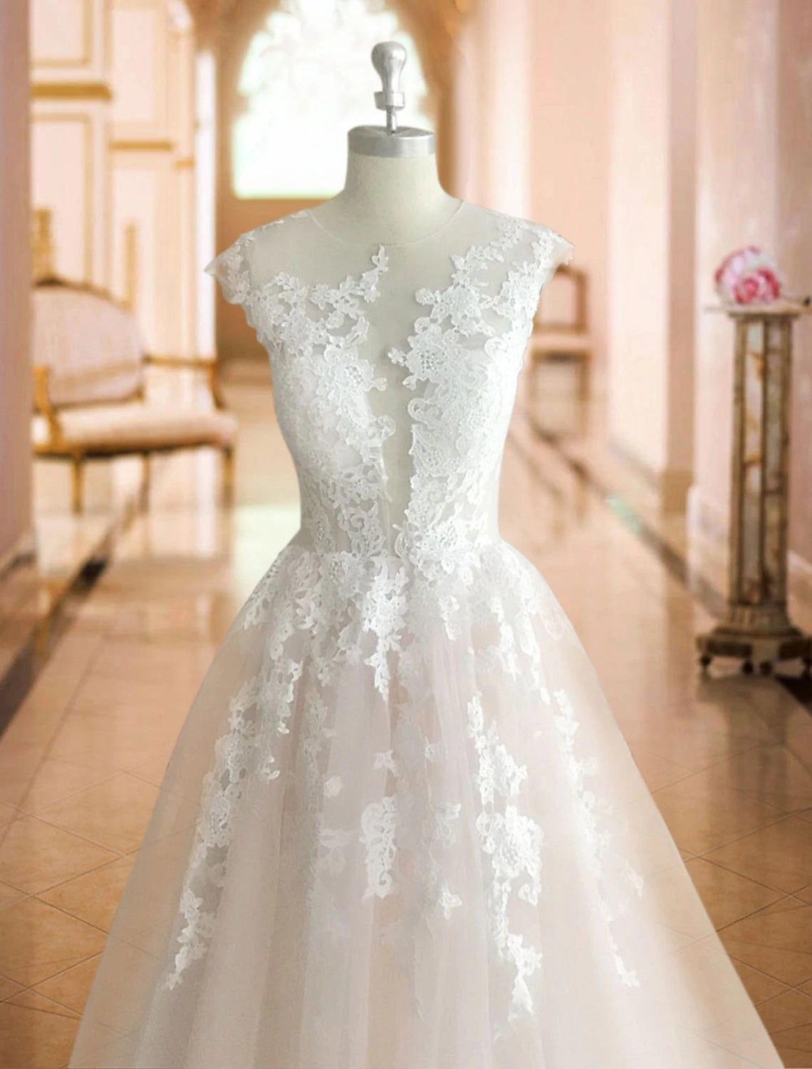 Formal Wedding Dresses Ball Gown Illusion Neck Cap Sleeve Court Train Lace Bridal Gowns With Buttons Appliques 2023 Summer Wedding Party, Women's Clothing