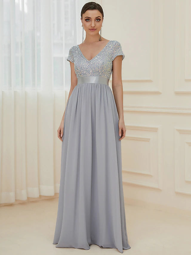 A-Line Bridesmaid Dress V Neck Short Sleeve Elegant Floor Length Chiffon with Solid Color